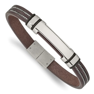Chisel Stainless Steel Polished Brown Leather with Black Rubber 8.25" ID Bracelet