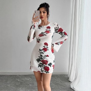 Women's Floral Mesh Backless Mini Dress Flare Long Sleeve Bodycon Party Dresses,LWhite