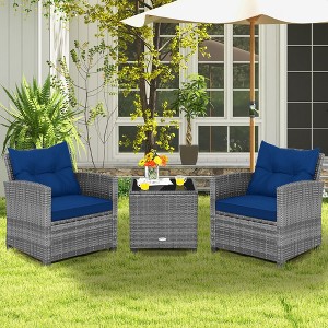 Costway 3PCS Patio Rattan Furniture Bistro Set Cushioned Sofas Side Table Armrest Red/Grey/Navy/Turquoise/Black - 1 of 4