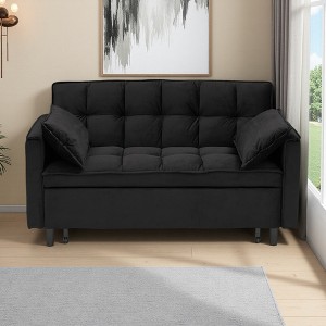 55" Green Velvet 3-in-1 Convertible Sofa Bed with Curved Back & Storage - 1 of 4