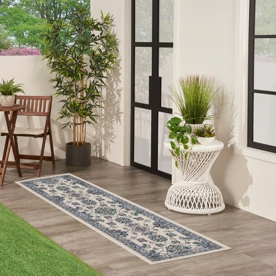 Ivory Blue Synthetic Runner Rug with Traditional Floral Pattern