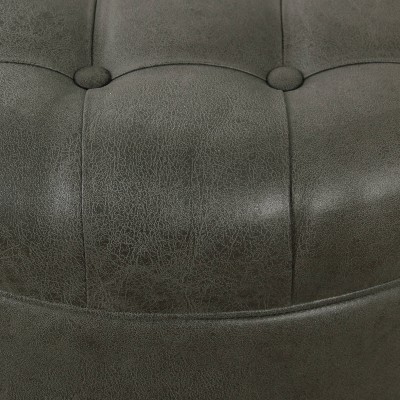 Large Gray Faux Leather Tufted Round Storage Ottoman