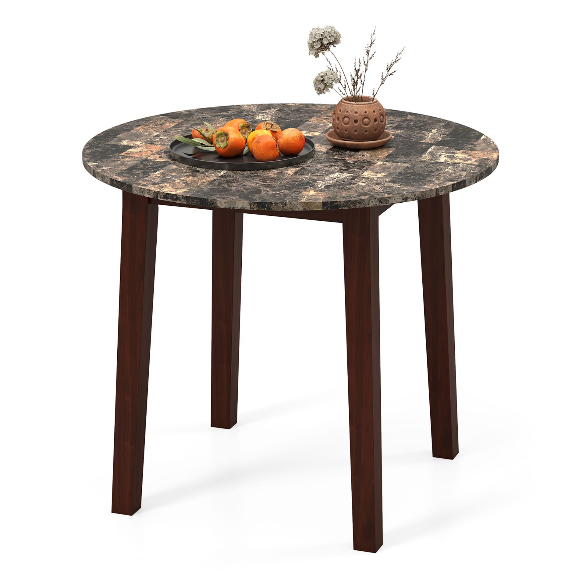 Tangkula 35"  Kitchen Table Round Dining Table w/ Marble-textured Veneer Tabletop Brown