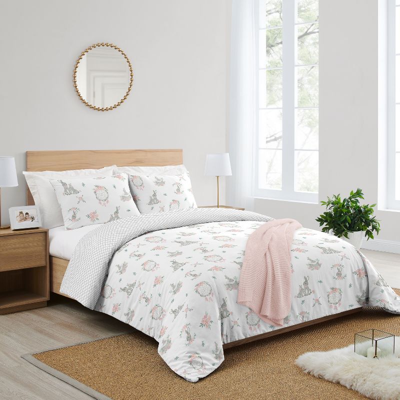 Sweet Jojo Designs Full/Queen Comforter Bedding Set Bunny Floral Pink Grey and White 3pc, 3 of 8