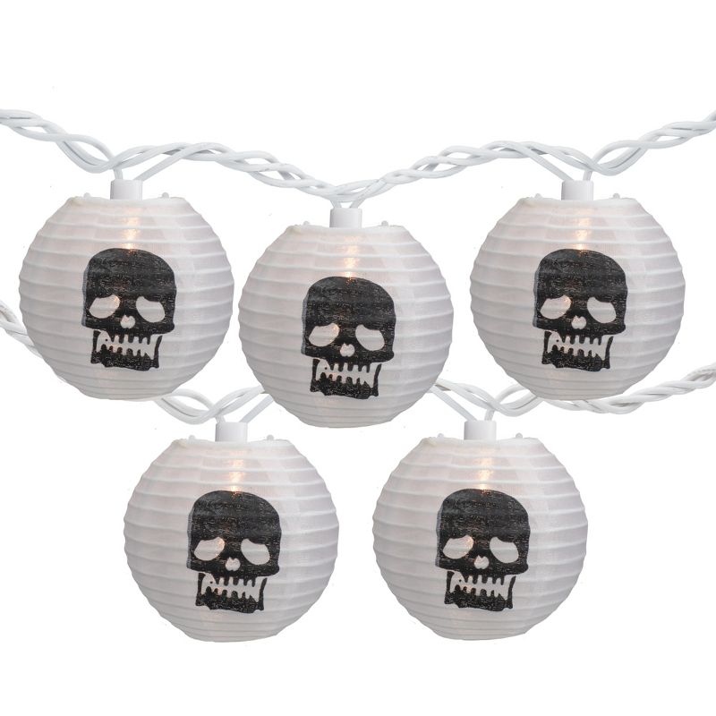 Northlight 10-Count White and Black Skull Paper Lantern Halloween Lights, 8.5ft White Wire, 1 of 5