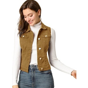 INSPIRE CHIC Women's Buttoned Washed Denim Vest with Faux Chest Flap Pockets - 1 of 3