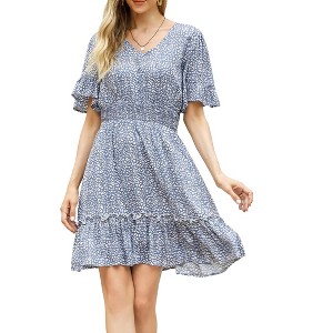 KOJOOIN Women's Summer Floral Short Sleeve V Neck A-Line Midi Dress - 1 of 4