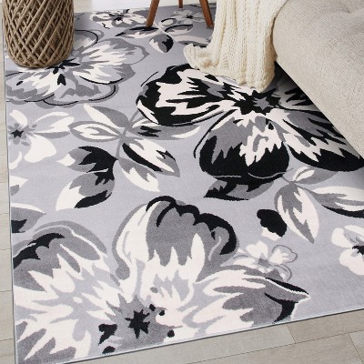 Gray Floral Print Low Pile Reversible Area Rug