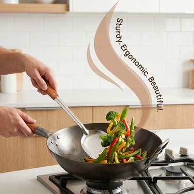 REGALWOVEN Stainless Steel Cooking Utensil Set Color Block Square Hole Kitchen Cooking Tools 4 Pcs Silver-Wood D — фото 4