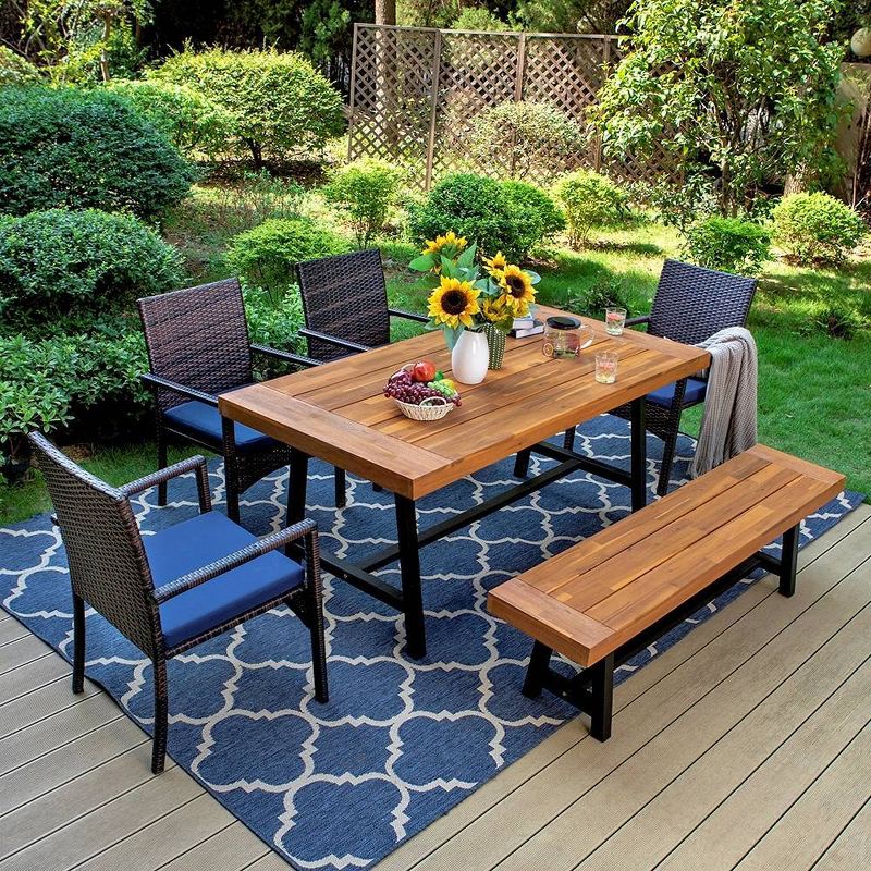 6pc Patio Dining Set with Acacia Wood Table &#38; Bench and 4 PE Rattan Chairs - Captiva Designs, 1 of 14