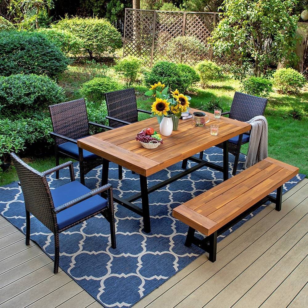 Photos - Garden Furniture 6pc Patio Dining Set with Acacia Wood Table & Bench and 4 PE Rattan Chairs