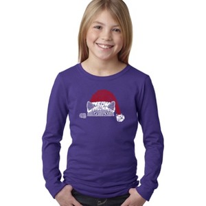 LA Pop Art Christmas Peeking Cat - Girl's Word Art Long Sleeve T-Shirt - 1 of 4