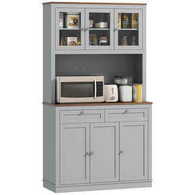 HOMCOM 71" Tall Kitchen Pantry Storage Cabinet with 2 Drawers, Microwave Cabinet with Adjustable Shelves and Glass Doors, Gray