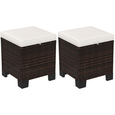 Outsunny 2 Pieces Wicker Outdoor Ottomans with Cushions, 3-in-1 PE Rattan Ottoman Seat, Footrest and Side Table for Backyard, Poolside