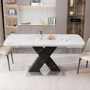 CENGHU Modern Square Dining Table, Printed White Marble Table Top, Black MDF X-Shape Table Leg with Metal Base, Stretchable End Table for Dining Room - 1 of 4