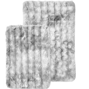 Home Mart Goods Grey 2 Piece Striped Textured Ultra Soft Faux Fake Fur Rabbit Non-Slip Absorbent Bathroom Bath Mat Set - 1 of 1