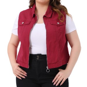 Agnes Orinda Women's Plus Size Trucker Zipper-Front Sleeveless Crop Sport Denim Vests - 1 of 4