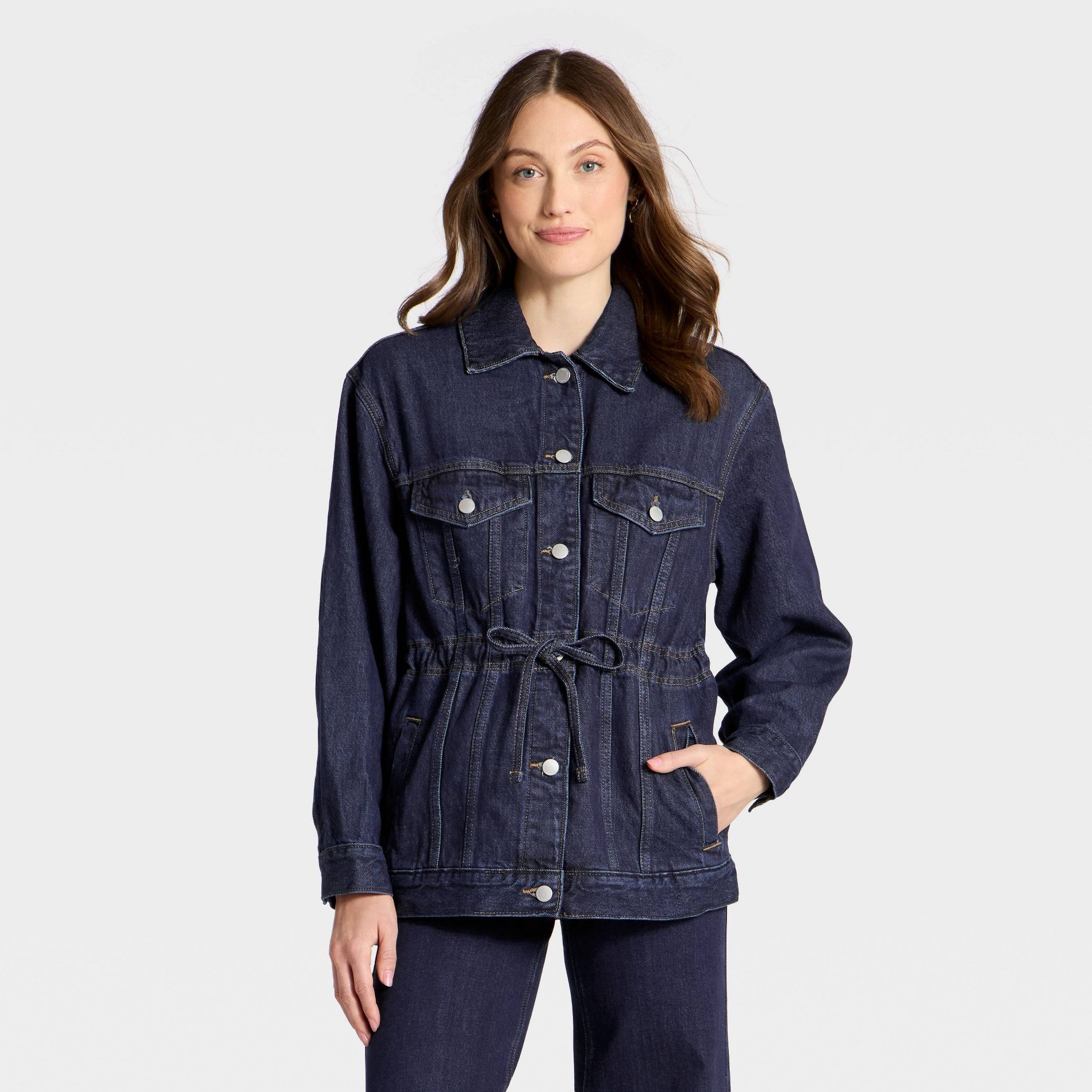 Women's Cinched Waist Denim Trucker Jacket - Universal Thread™ Dark Wash