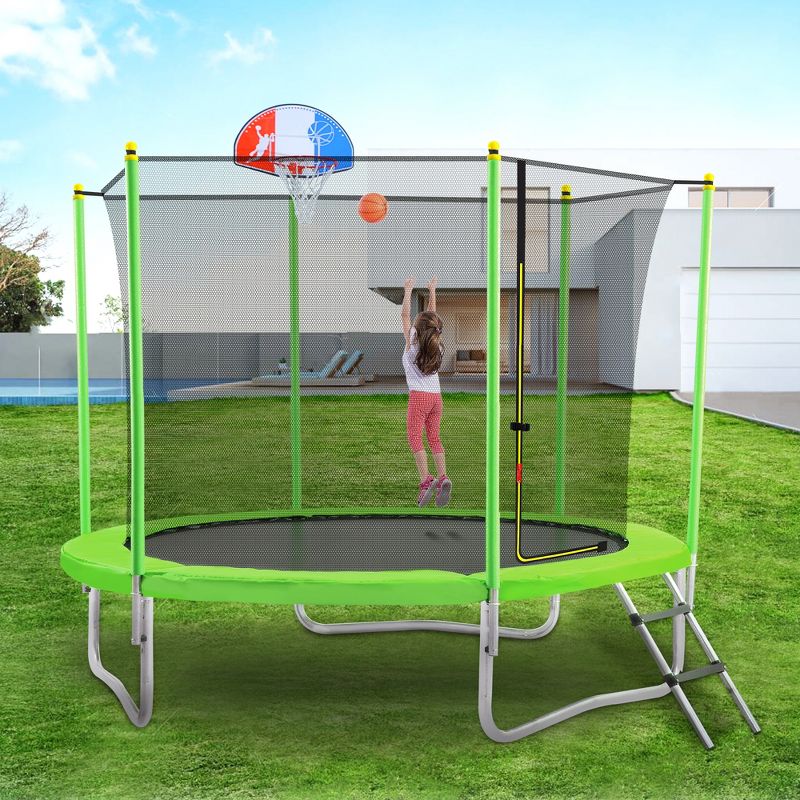 10 FT Round Outdoor Trampoline for Kids with Safety Enclosure Net, Basketball Hoop and Ladder, Green-ModernLuxe, 1 of 16