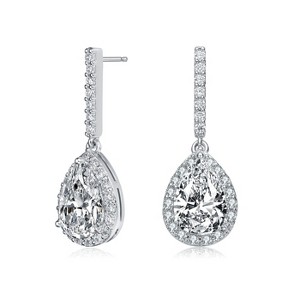 Guili Sterling Silver Rhodium Plated Clear Pear and Round Cubic Zirconia Halo Linear Drop Earrings, a Radiant and Elegant Flowing Silhouette - 1 of 3