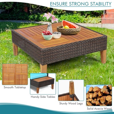 Turquoise Acacia Wood and Rattan 4-Person Patio Conversation Set