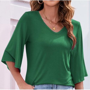 Women's 3/4 Bell Sleeve Shirt Loose Fit V Neck Blouse Cute Tops - 1 of 4
