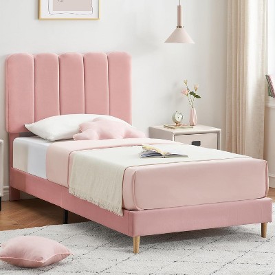 Twin Size Bed Frame, Velvet Upholstered Platform Bed with Wave Headboard, Girls/Kids, Low Profile, Wooden Slats, No Box Spring Needed
