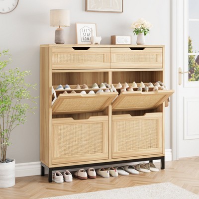 MolySoul Rattan Shoe Cabinet With 4 Flip Drawers & 2 Top Drawers , Freestanding Narrow Storage With Metal Legs, for Entryway, Foyer (Natural)