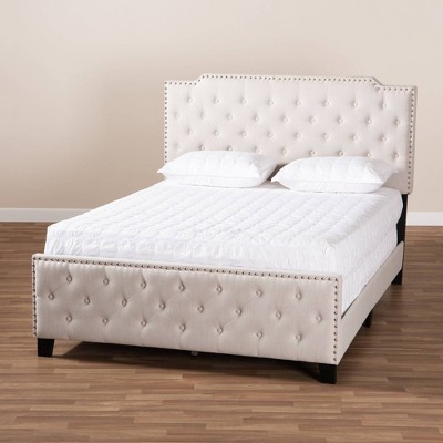 Elegant Beige Linen King Bed with Tufted Headboard and Nailhead Trim