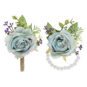 Unique Bargains Fabric Artificial Wedding Rose Flowers Wrist Corsage and Boutonnieres 2 Pcs - 1 of 4