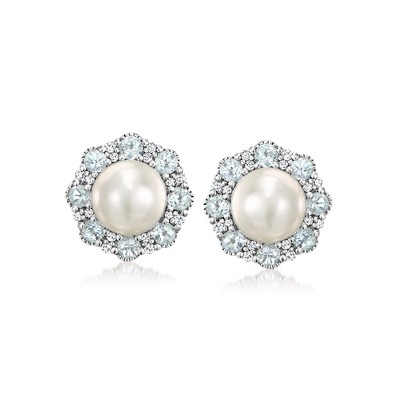 Ross-Simons 7-7.5mm Cultured Pearl Earrings With .90 ct. t.w. Sky Blue Topaz and .16 ct. t.w. Diamonds in Sterling Silver