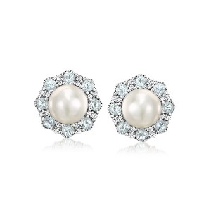 Ross-Simons 7-7.5mm Cultured Pearl Earrings With .90 ct. t.w. Sky Blue Topaz and .16 ct. t.w. Diamonds in Sterling Silver - 1 of 3