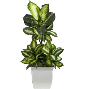 Nearly Natural 46-in Golden Dieffenbachia Artificial Plant in White Metal Planter - 1 of 4