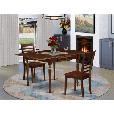 East West Furniture 3 Pieces Dining Room Table set - Strong Two Drop Down Leaves Solid Wood Table and 2 Solid Wood Seat Dining Dining Chairs Mahogany