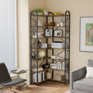 CAVINAS 7-Tier Industrial Corner Bookshelf with Open Design,L-Shaped Metal Bookcase for Living Room,Kitchen,Space Saving Storage Shelves Organizer - 1 of 4