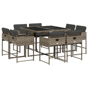 vidaXL 9 Piece Patio Dining Set with Cushions - Gray Poly Rattan, Tempered Glass - Garden, Backyard, Outdoor Furniture - 1 of 4