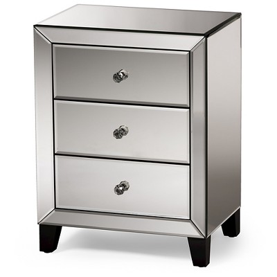 Chevron Modern And Contemporary Hollywood Regency Glamour Style Mirrored 3 - Drawers Nightstand Bedside Table - Baxton Studio