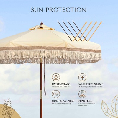 Beige 7' Boho Patio Umbrella with Cotton Fringe and Wooden Pole