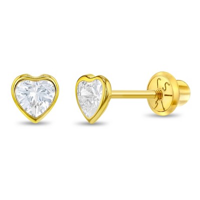 14k Gold Classic Polished Heart Baby / Toddler / Kids Earrings Safety