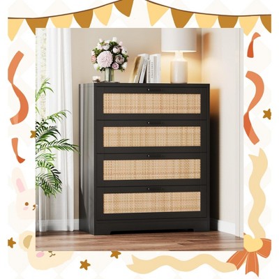 Garvee Modern Rattan Dresser for Bedroom - 5 Drawer Storage Chest in Black with Natural Rattan Design, Multi-Functional Use