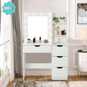 Jojoka Makeup Vanity Desk with Mirror, LED Lights, 3 Adjustable Brightness Modes, 4 Drawers, 2 Shelves, Charging Station, Modern Bedroom Dresser - 1 of 4