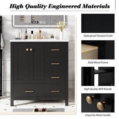 30'' Black Solid Wood Freestanding Bathroom Vanity with Resin Sink