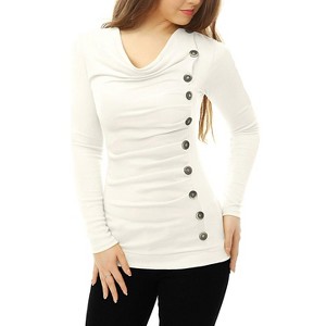 Allegra K Women's Cowl Neck Long Sleeves Buttons Decor Solid Ruched Top - 1 of 4
