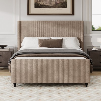 Queen/KIng Size Upholstered Platform Bed Frame with High Wingback Headboard&High Footboard, Corduroy, Cream/Taupe-ModernLuxe