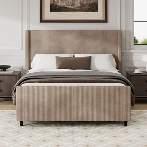 Queen/KIng Size Upholstered Platform Bed Frame with High Wingback Headboard&High Footboard, Corduroy, Cream/Taupe-ModernLuxe - 1 of 4