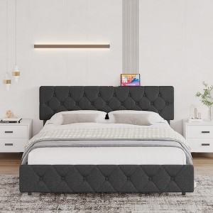 Whizmax Queen Size Bed Frame with Headboard and Type-C&USB Ports,Adjustable Linen Upholstered Platform with Wooden Slats Support,No Box Spring Needed - 1 of 4