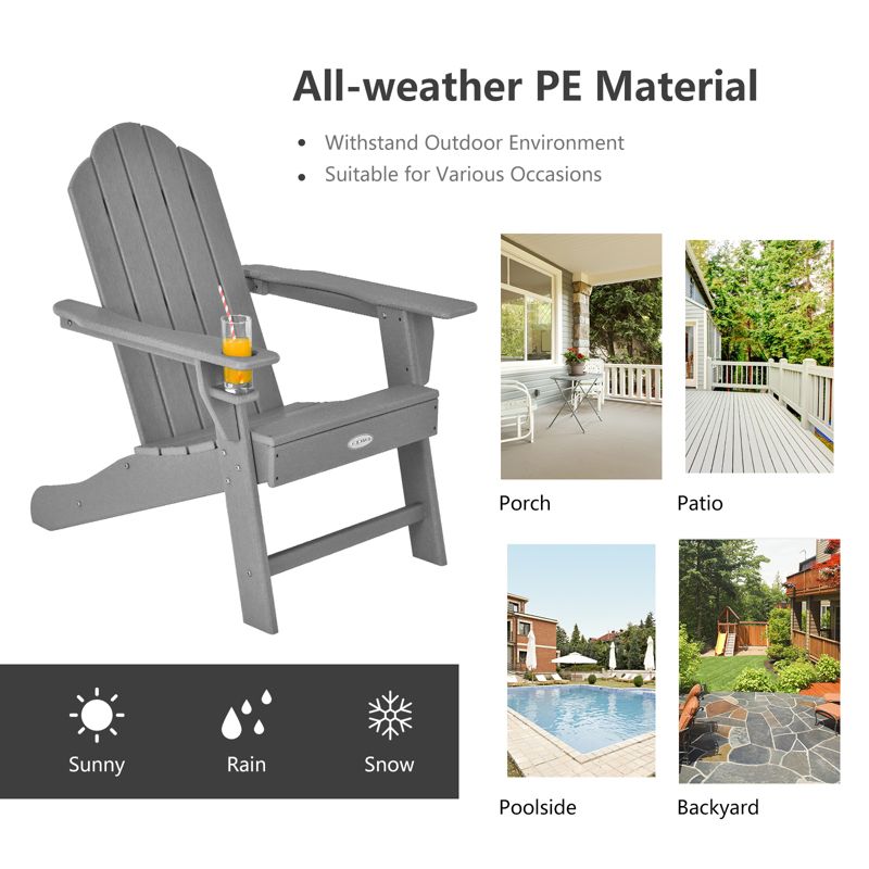 Tangkula 2PCS Adirondack Chair Outdoor with Cup Holde Weather Resistant Lounger Chair for Backyard Garden Patio and Deck Black/Grey/Turquoise/White, 3 of 9