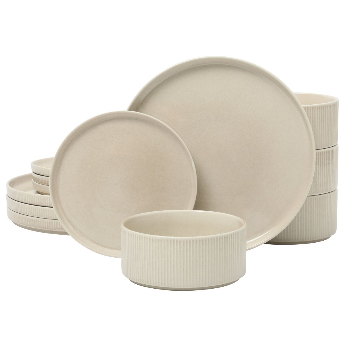Gibson Elite Solana Coast 12 Piece Stoneware Reactive Glaze (Service for 4) Ceramic Plates and Bowls Modern Shape Embossed Dinnerware Set