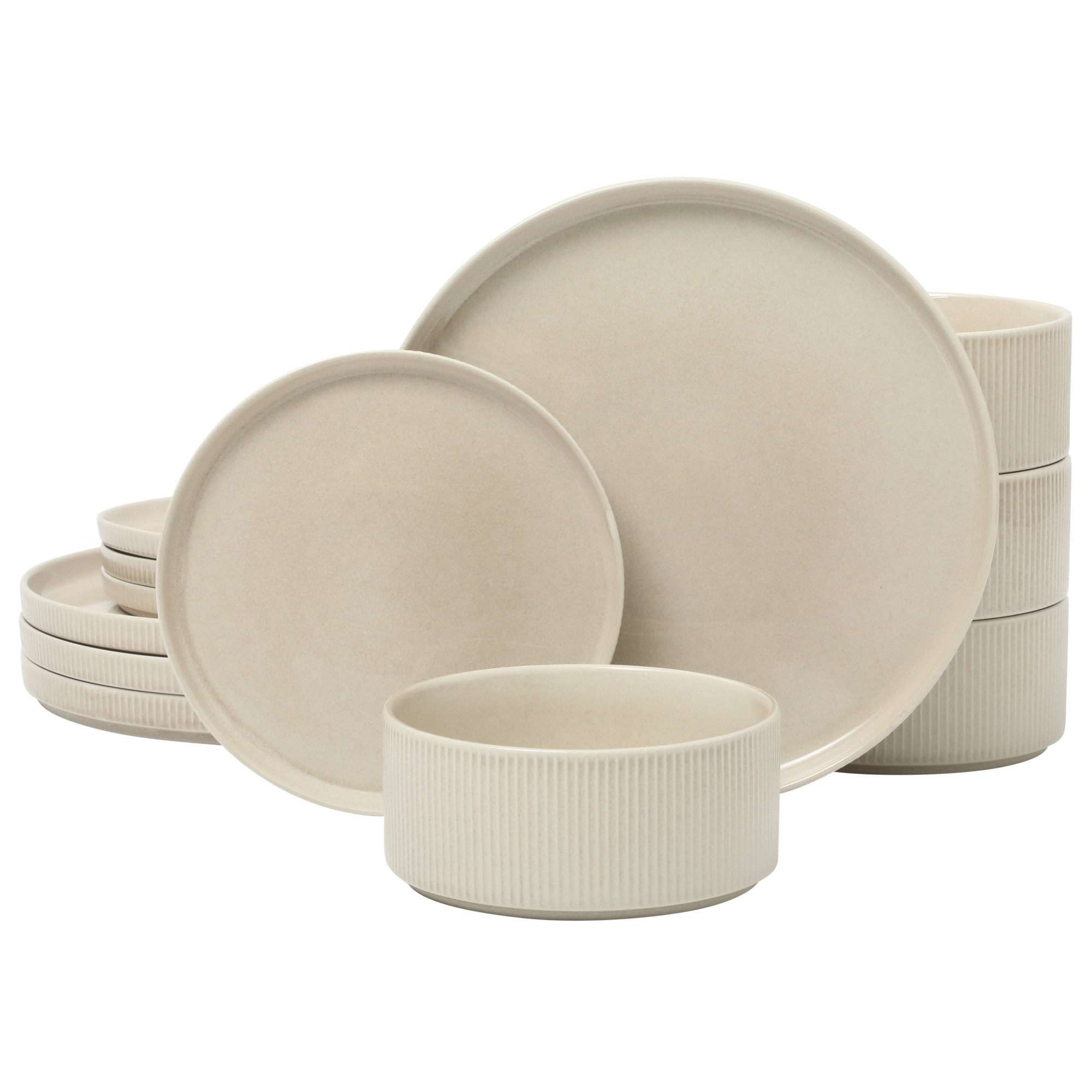 Gibson Elite Solana Coast 12 Piece Stoneware Reactive Glaze (Service for 4) Ceramic Plates and Bowls Modern Shape Embossed Dinnerware Set - White