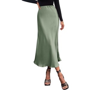 Women's 2025 Satin Midi Skirt - Elegant High Waist A-Line for Cocktail & Wedding Events Light Green - 1 of 4
